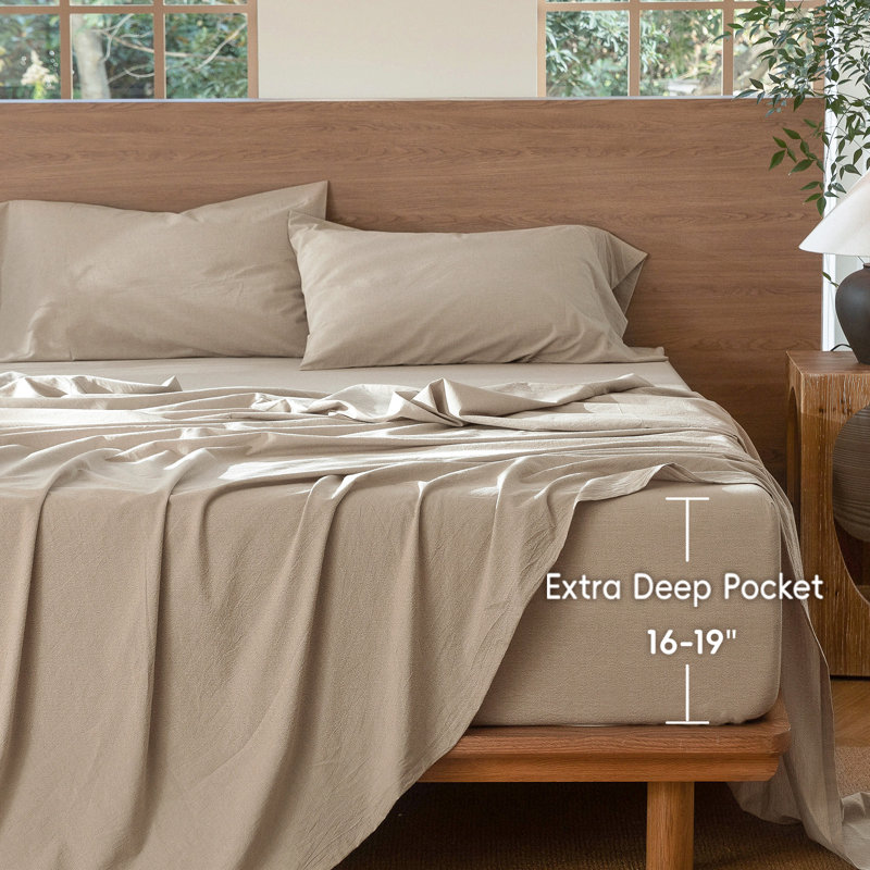 MooMee Fitted Sheet Only Extra Deep Pocket 100% Washed Cotton Linen Like Textured Lightweight Breathable, Queen , Taupe