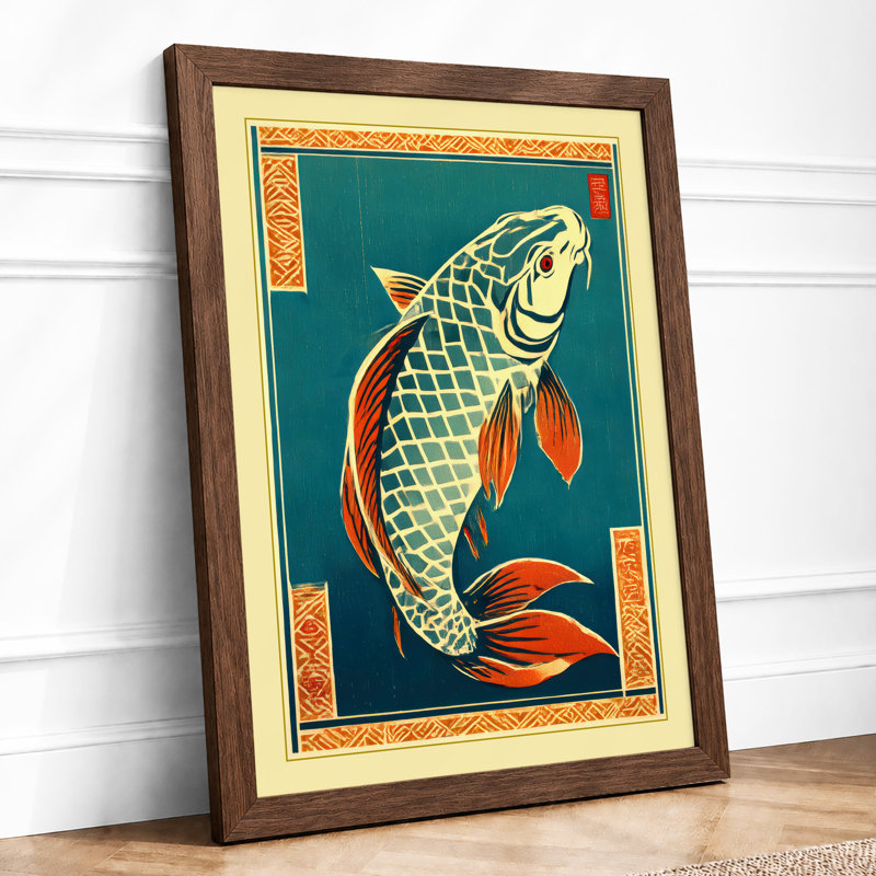 Golden Fish Art Deco 1 Piece Single Picture Frame Wall Art, A4 - 29.7 x 21.0 cm, Walnut