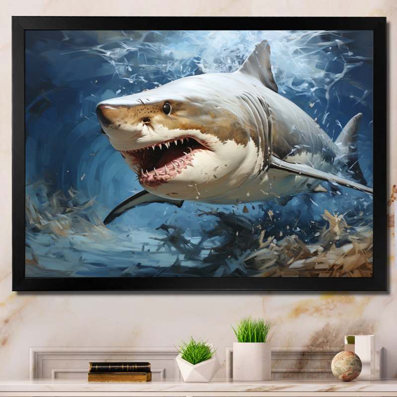 " Gray Teal Shark Stride ", Black Single Picture Framed, 16" H x 32" W x 1" D