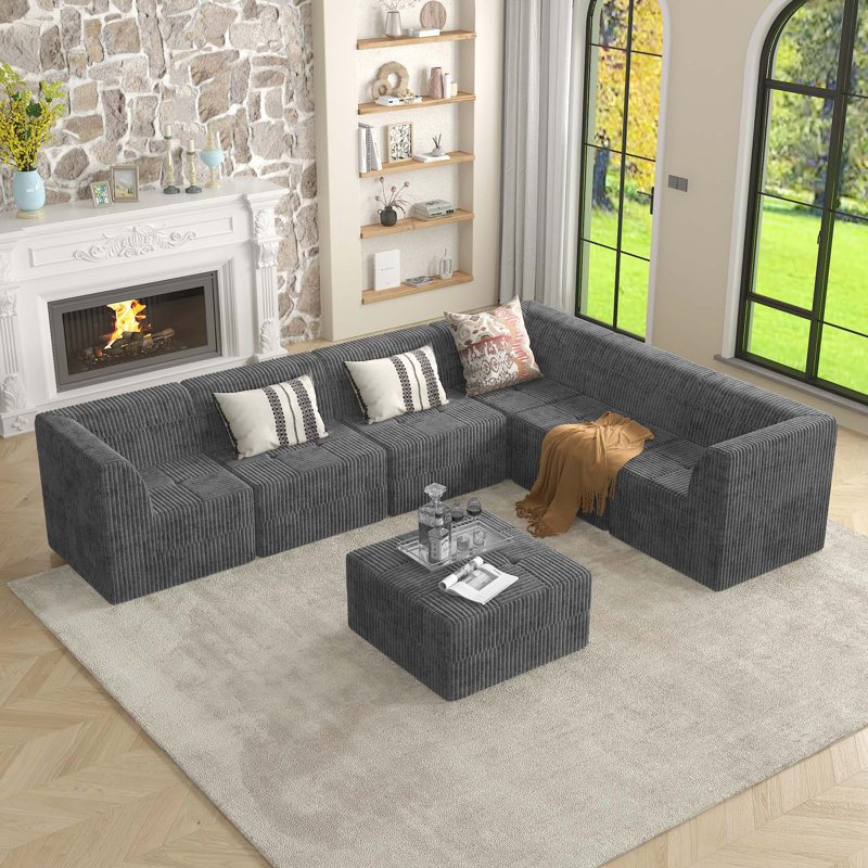 Canapé modulaire Boneless L, Velours côtelé gris