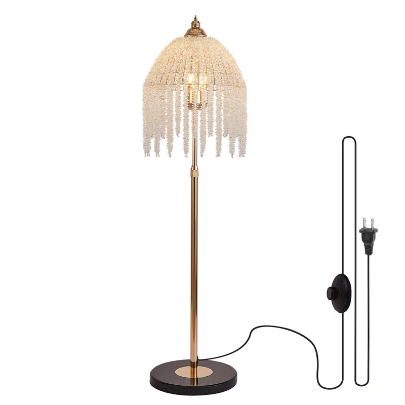 3-Light Elegant Crystal Floor Lamp With Vintage Waterfall Design, Cascading Beads, And Marble Base For Home Or Office