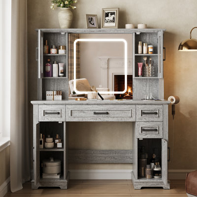 Farmhouse Vanity Desk With Mirror And Lights