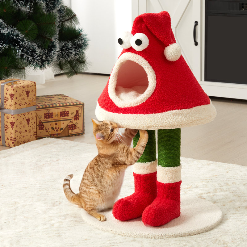Tour d'arbre de Noël pour chats - conception de chapeau de père Noël avec poteaux à griffer et lit douillet pour chat