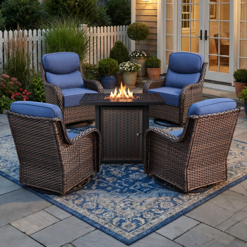 4 - Person Patio Furniture Chair Set With Fire Pit Table, 4 Swivel Glider Chairs With 6-Inch Cushions, Blue, Brown