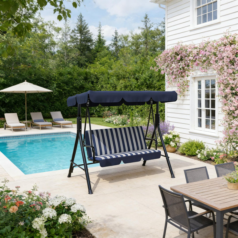 Balancelle 3 places avec support pour jardin, cour et piscine, Bleu