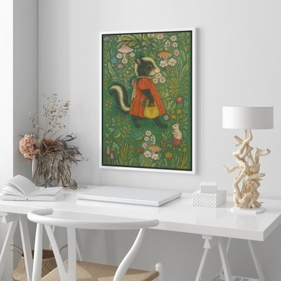 Skunk in Red Dress with Wildflowers Framed Canvas Art - Cute Animal Character for Kids’ Room or Classroom - Fairy Tale Forest Decor