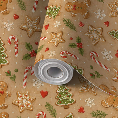 Papier de contact à peler et coller Papier de Noël avec pain d'épice Biscuits à la canne à sucre Flocons de neige Holly festif auto-adhésif et amovible 24 po x 118 po (60 x 300 cm)