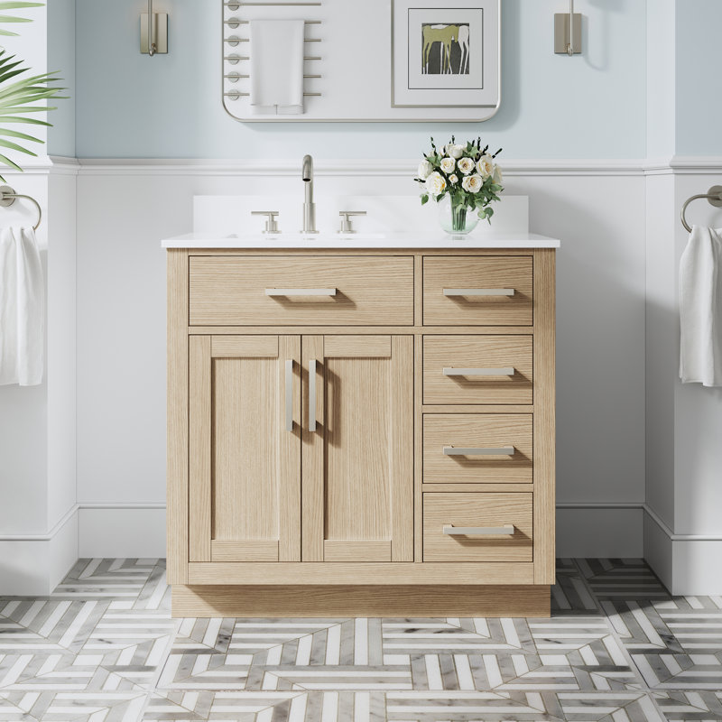 Meuble-lavabo sur pied en bois massif 36 po x H 35 po avec comptoir en marbre de culture blanc et lavabo simple en céramique, chêne