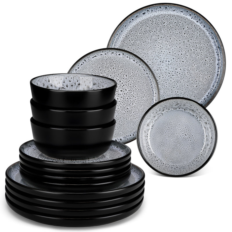  18-Piece Gray Reactive Glaze Ceramic Dinnerware Set for 6,Bubble Texture Plates,Dessert Plates & Cereal Bowls,Dishwasher & Oven Safe