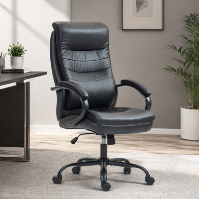 Segmented Cushion PU Leather High Back Executive Office Desk Chair, Height Adjustable Swivel Task Chair with Padded Curved Armrests & Black Powder Coa