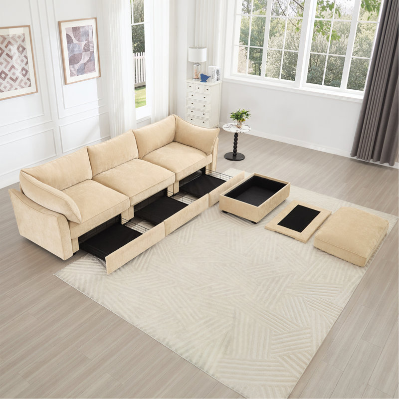 Canapé modulaire en L 3 places, canapé 3 places avec 1 repose-pieds mobile, accoudoirs en forme de croissant et coussins de dossier et d'accoudoirs enveloppants, doux, confortable, large et profond, couleur chenille
