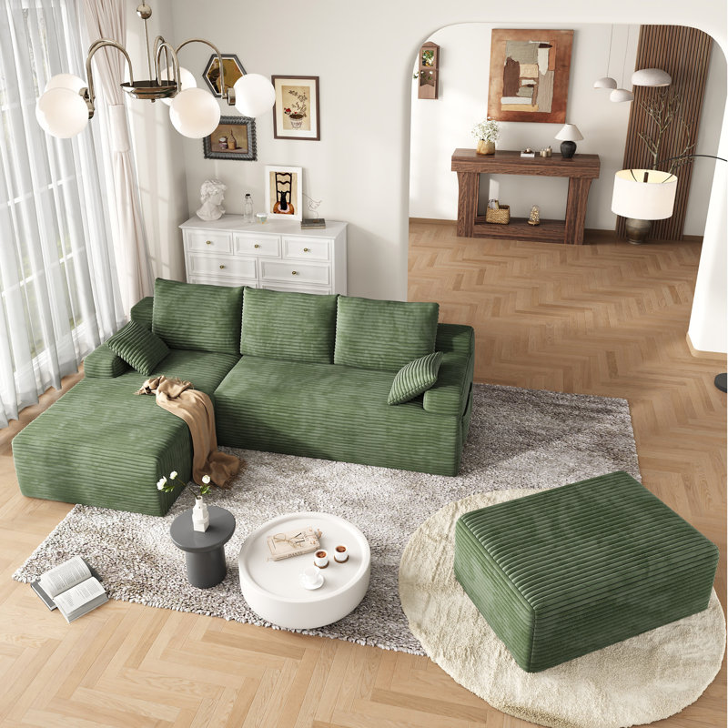 3-piece 104" Corduroy L-shaped Sofa & Ottoman, [upgraded High-density Foam] Modular Sectional, No Assembly, Green