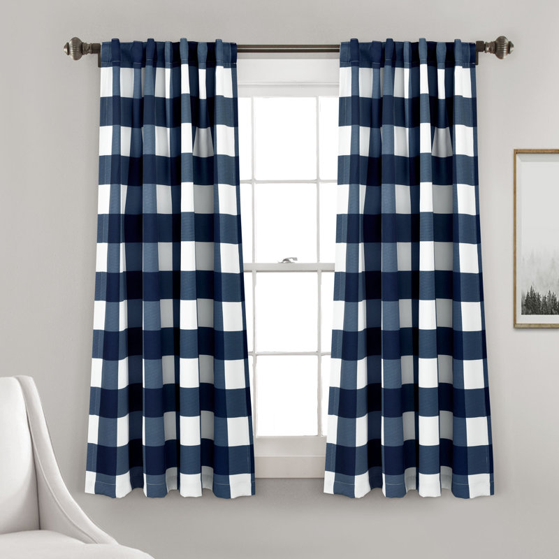 Kelly Checker Room Darkening Curtain Pair, Navy, 52" W X 63" L