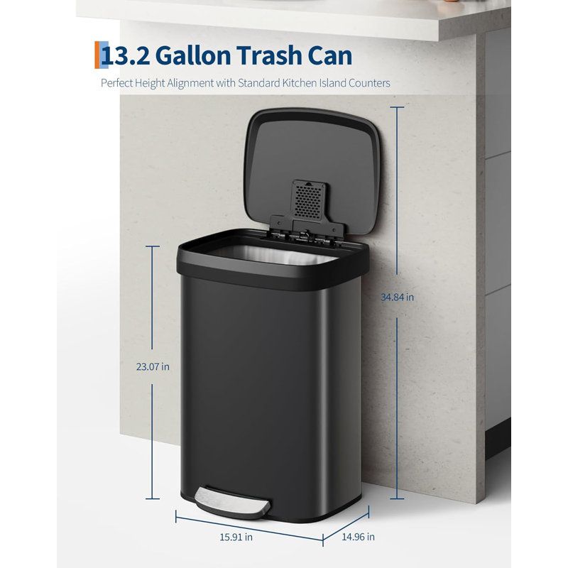 Poubelle en métal 13 gallons / 50 litres avec couvercle, grande poubelle pour la cuisine, poubelle de cuisine en métal antidérapante avec rebord de doublure, poignée arrière, couvercle en plastique à fermeture en douceur