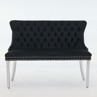 Luxueux banc double en velours avec capitonnage fait à la main, design moderne Mid-Century et pieds argent brossé durable