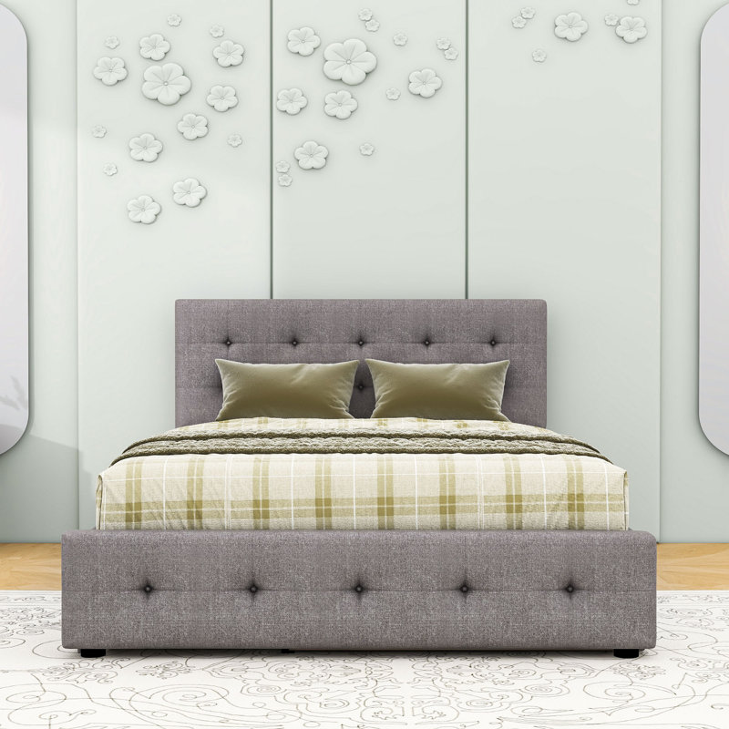 Grand lit plateforme tapissier avec tête de lit capitonnée, lit simple TG et deux tiroirs, Gris clair