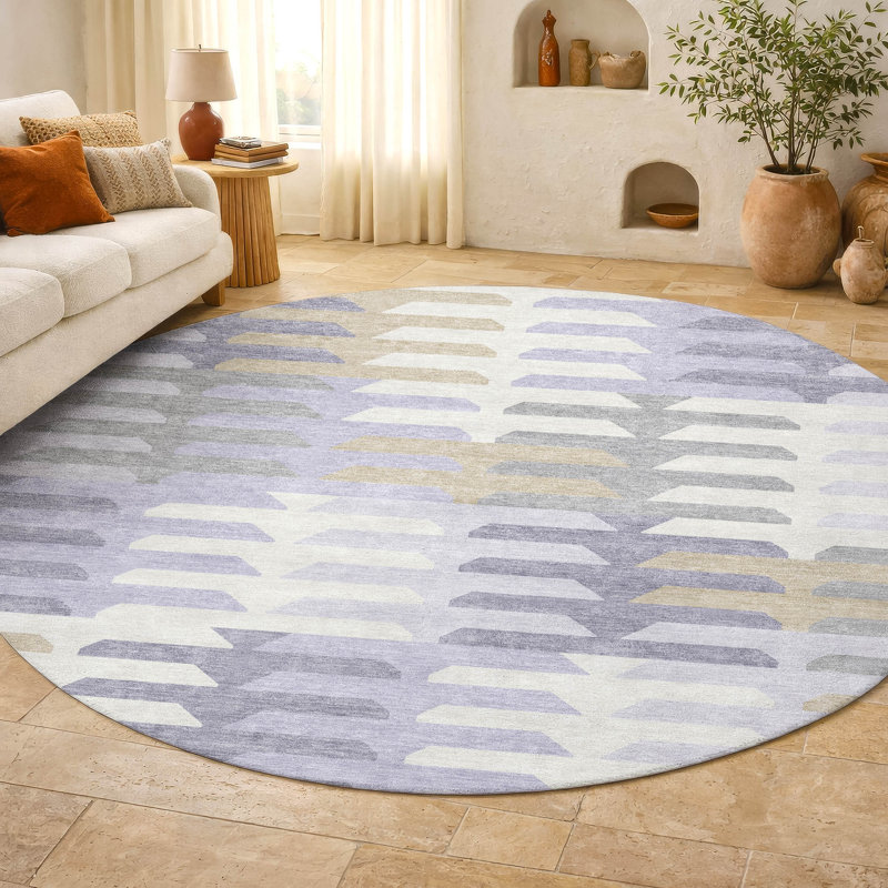 Premium Machine Washable Mayfield AMF2328 Geometric Rug, 8' Round, Lavender