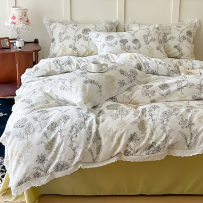 3-Piece Floral Ruffle Cotton Duvet Cover Set