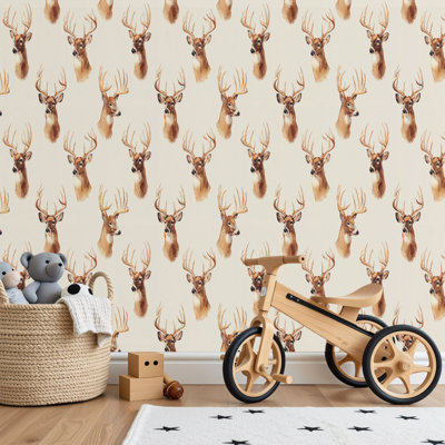 Papier peint adhésif peler et coller en PVC, revêtement mural auto-adhésif amovible avec imprimé cerf brun gris réaliste et transparent, imperméable pour la décoration intérieure - Rouleau
