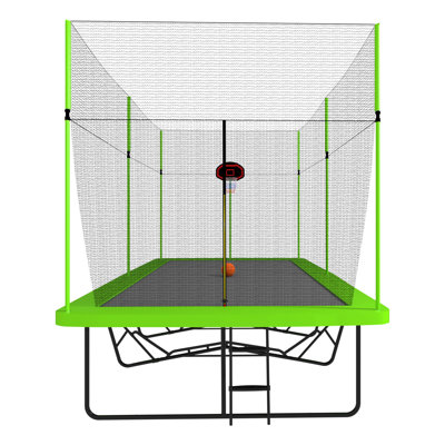 Trampoline rectangulaire 10 pi x 17 pi avec tissu vert, tubes en acier galvanisé thermolaqué noir avec système de panier de basketball