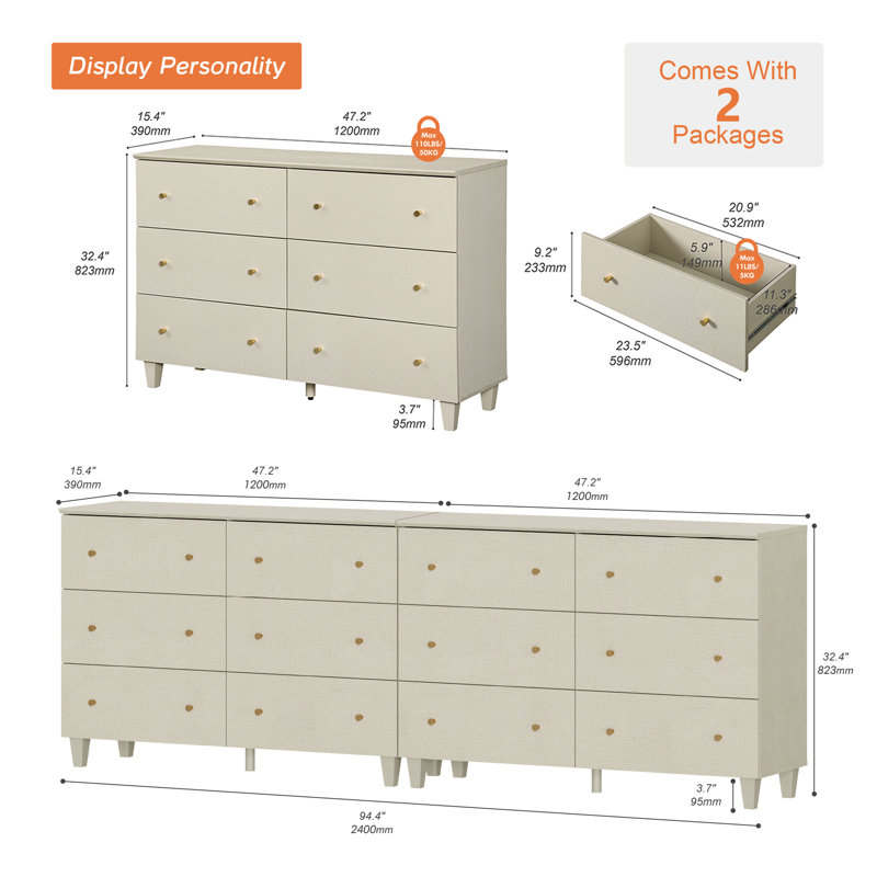 Ensemble de 2 commodes décoratives avec 12 tiroirs pour la chambre à coucher, 94,4 po, Beige