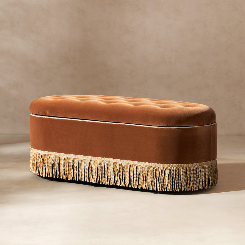 Oval Tufted Bullion Fringe Storage Bench, Burnt Orange