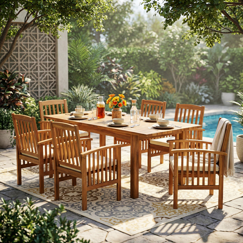 7 Pieces Wood Dining Set, Outdoor 6 Chairs And 1 Rectangular Table For Lawn, Backyard, Garden Deck, Poolside, Cream, Brown
