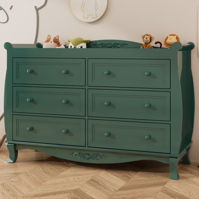 Commode double à 6 tiroirs pour enfants, commode pour chambre d'enfant avec barrière de sécurité amovible, pattes de style Queen Anne, dispositif anti-basculement