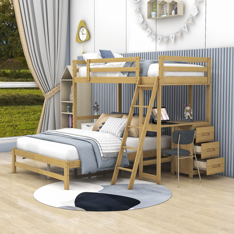 Etra Kids Twin Over Full Bunk Bed with Drawers, Natural