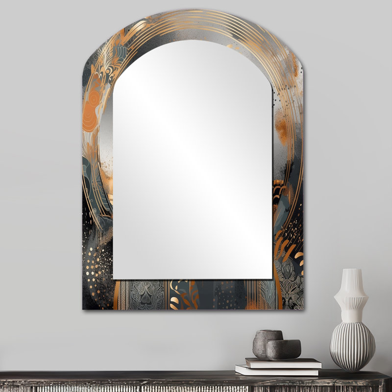 Or et gris, formes modernes, minimalisme IV - miroir mural unique en forme d'arche, miroir asymétrique moderne, impression d'art en métal