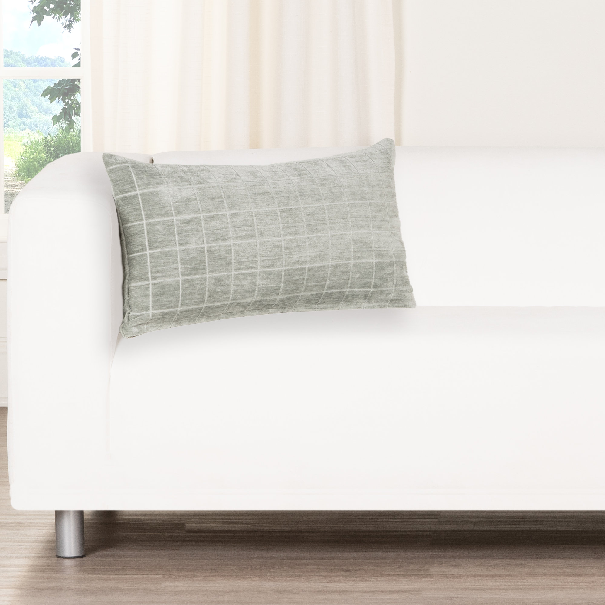 Otterville Velvet Grid Lumbar Pillow, Polyester, 12"H x 21"W, Cement Geometric