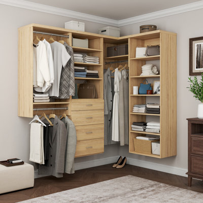 Natural Oak 130" Wall-Mounted L-Shape Closet System with 4 Sections, 3 Clothing Rods, 11 Shelves & 4 Slab Drawers
