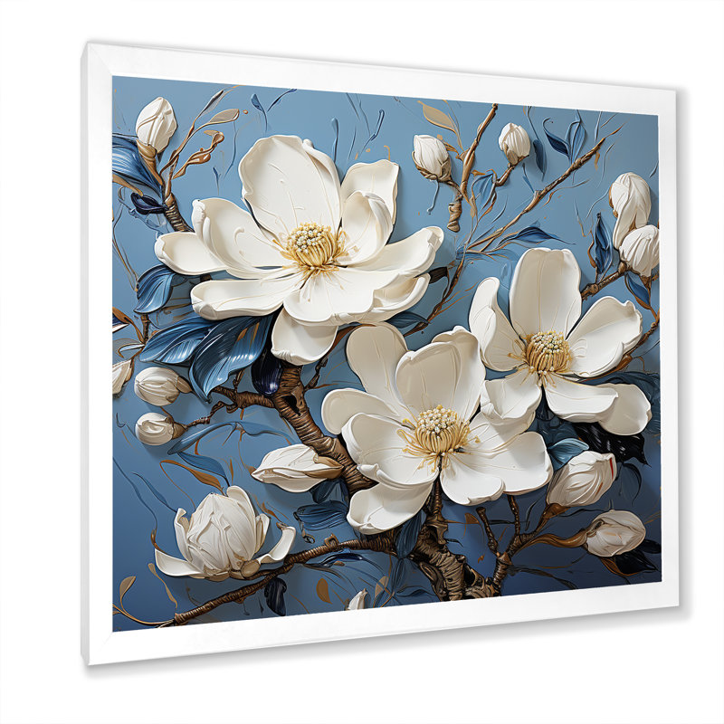 «Magnolia Blooming Elegant II» bleu et blanc sur toile, Cadre simple blanc, H 30 po x l 30 po x P 1 po