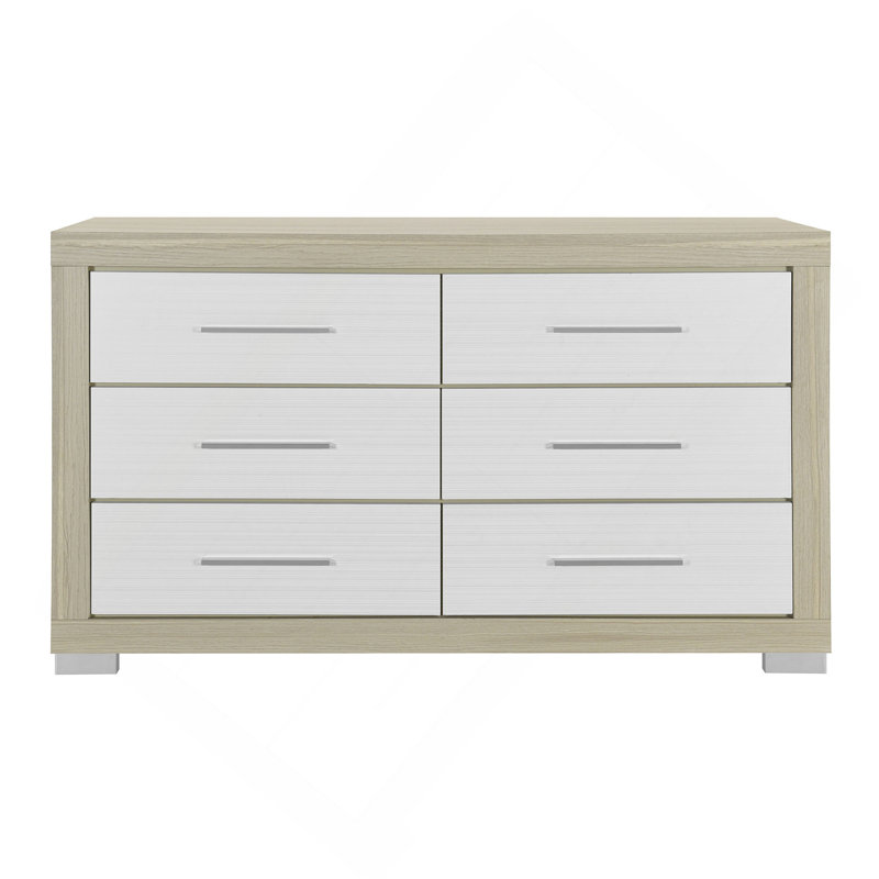Dresser With Striped Panels & Minimalist Handles, Natural/White