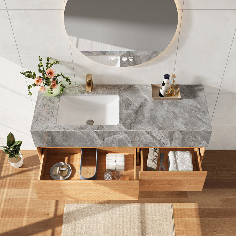 Armoire de salle de bain de luxe moderne 48 po avec plateau en pierre frittée grise, meuble-lavabo flottant en bois naturel avec tiroir en U