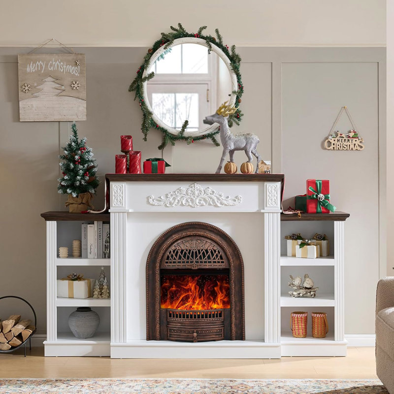 78" Electric Fireplace with Mantel,Bronze Heater,Fireplace TV Stand for TVs Up to 90", White/Brown