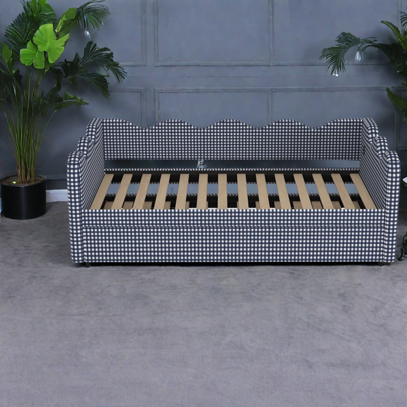Canapés extensibles multifonctionnels, tissu à carreaux bleus, bois et métal, style moderne pour la maison
