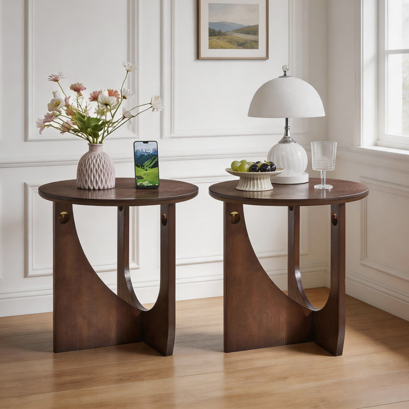 Mid-Century Modern Round Walnut Wood End Table With Sculptural Base