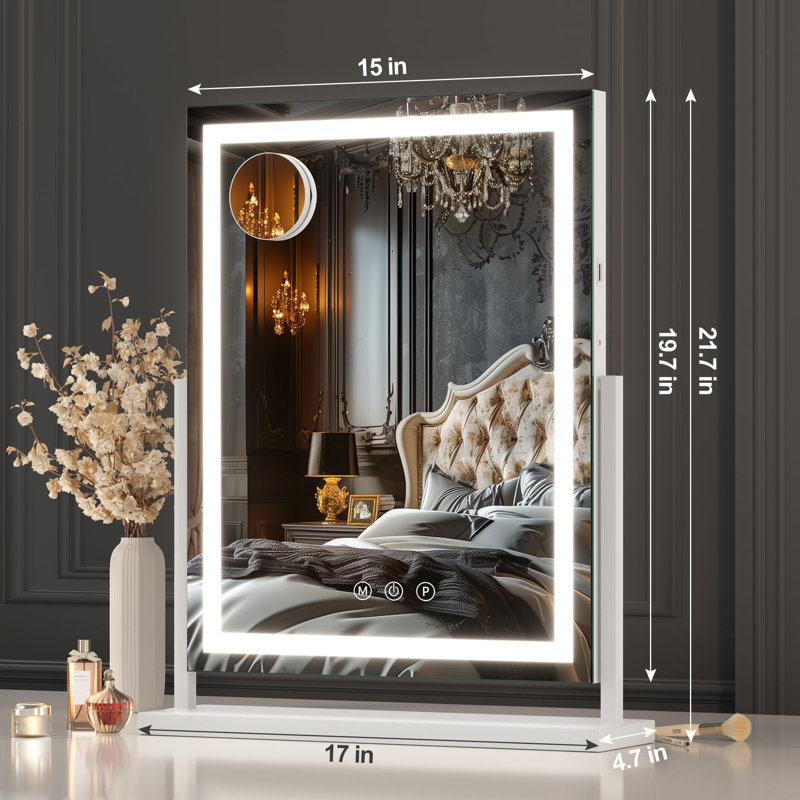White Square LED Lighted Vanity Makeup Mirror, 10X Magnifying Mirror, 3 Color Dimmable Lighting, Sma