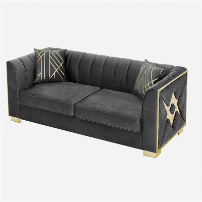Canapé capitonné en velours 81,1 pouces avec 2 coussins, ensemble de canapé Chesterfield de luxe à 3 places avec accents en acier inoxydable doré pour le salon, gris velours