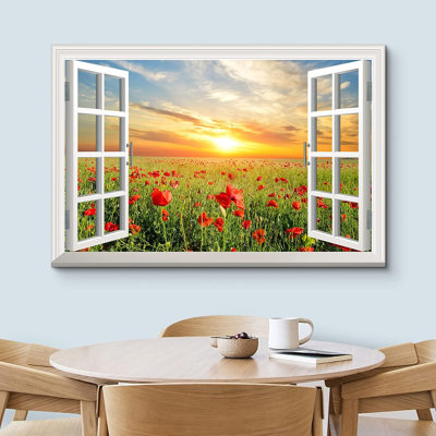 Window Scenery " Window View Landscape Sunset Red Poppy Flower Field Nature Wilderness " Color Photography Print