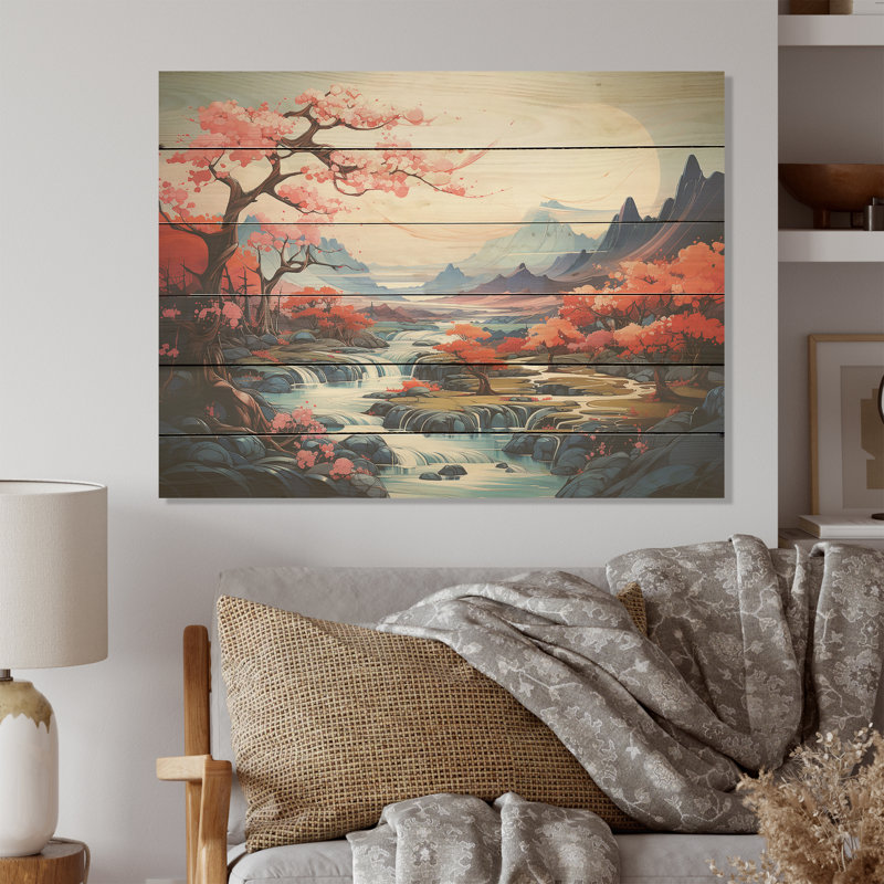 Paysage japonais à l'encre liquide au Japon - Montagnes, art sur bois de pin naturel, H 24 po x l 32 po