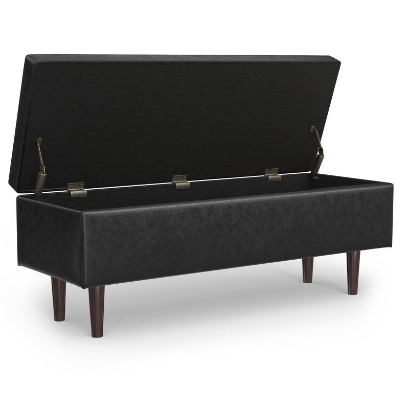Shay 48"W Upholstered Vegan Leather Mid-Century Modern Rectangular Lift-Top Coffee Table Storage Ottoman, Distressed Black
