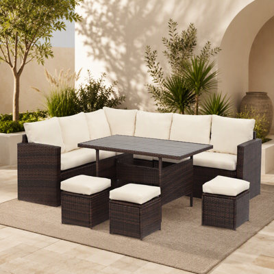 Ensemble de salle à manger d'extérieur en osier 7 pièces, canapé modulaire d'extérieur beige à 9 places avec repose-pieds et table de salle à manger pour jardin