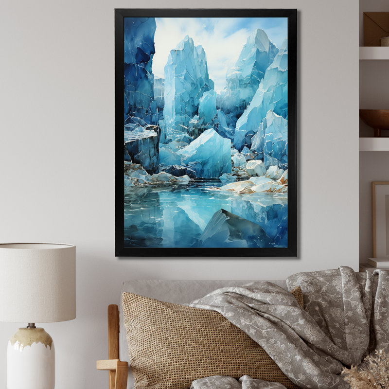 «Teal Glacier Crystalline Wonderland I», impressions d'art paysage et nature, H 32 po x l 24 po x P 1 po, Cadre photo noir