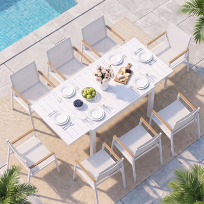 Ensemble de salle à manger de patio en aluminium pour 8 personnes avec table rectangulaire extensible et chaises en textilène