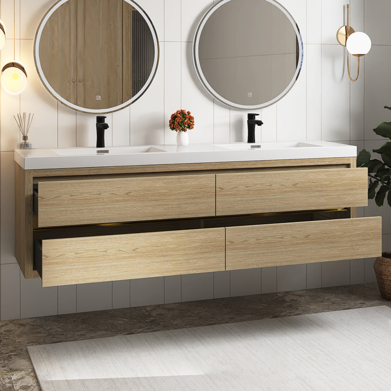 72" Wall-Mounted Bathroom Vanity With Sink, Oak Natural Wood