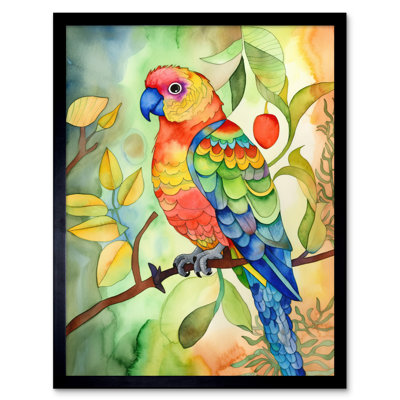 Parrot Bird On Tree Branch Folk Art Watercolour Painting Artwork Framed Wall Art Print 9X7 Inch