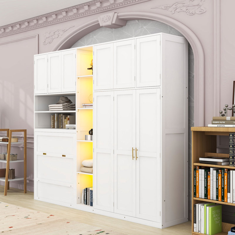 Lit simple escamotable en bois avec tablettes, White