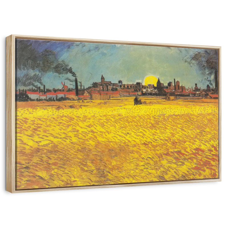 Champ de blé au coucher du soleil, Cadre flottant en bois naturel, 40 po x 27 po